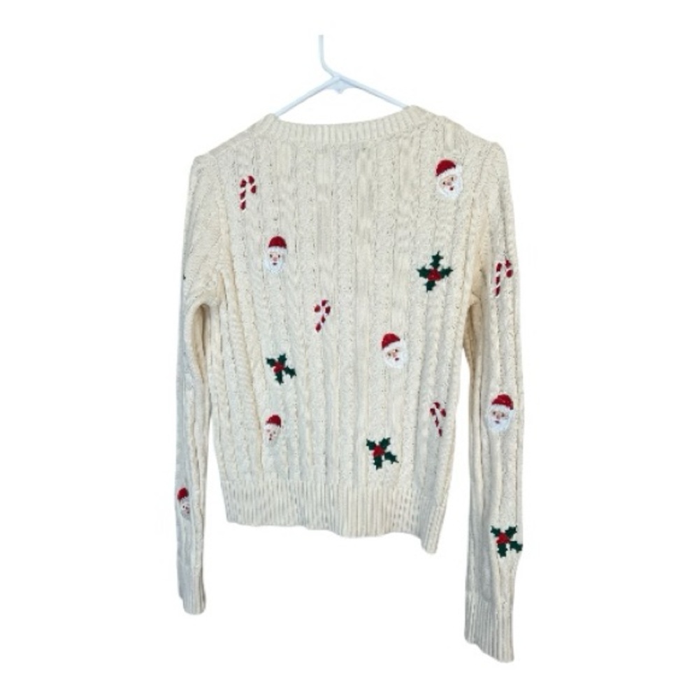 Kiel James Patrick Cream Cable Knit Holiday Sweater with Santa & Holly - Picture 2 of 5